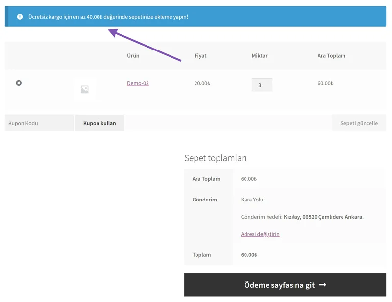Ücretsiz Kargo İçin Minimum Sepet Tutarına Kalan Miktar Uyarısı | ucretsiz kargo minimum uyari 001