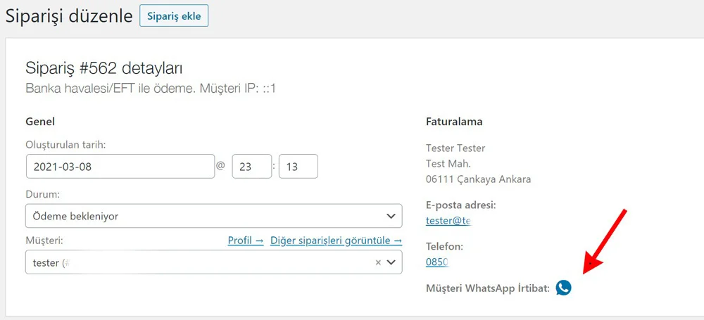 Sipariş Sayfasına Müşteri WhatsApp Butonu Ekleme | whatsapp musteri irtibat 001a