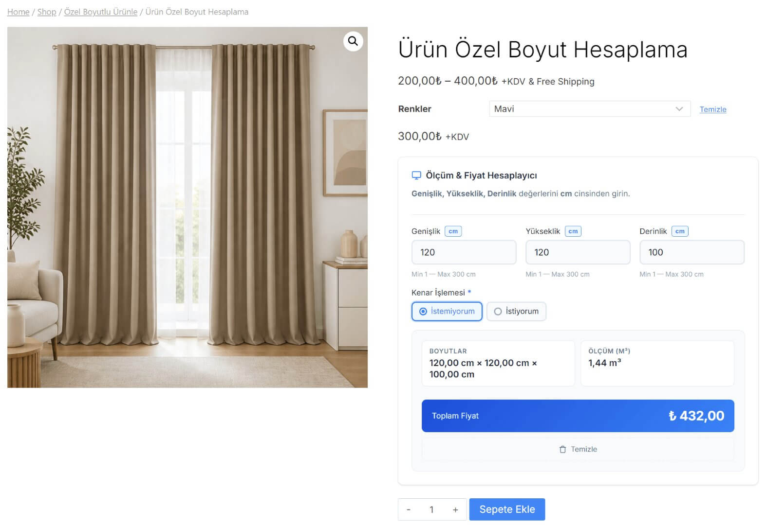 WPK Ölçü Bazlı Fiyatlandırma – Özel formül desteği ile fiyat hesaplama arayüzü